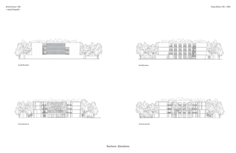 Section and elevation drawings showing end and cross views of the residential blocks with surrounding landscape
