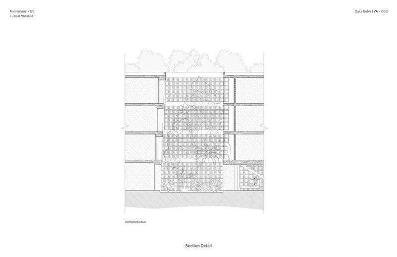 Detail section drawing of the courtyard facade showing brick screening, floor slabs, and climbing vegetation