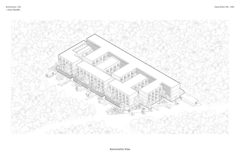 Axonometric drawing showing a multi-winged building complex with central courtyards and surrounding landscape