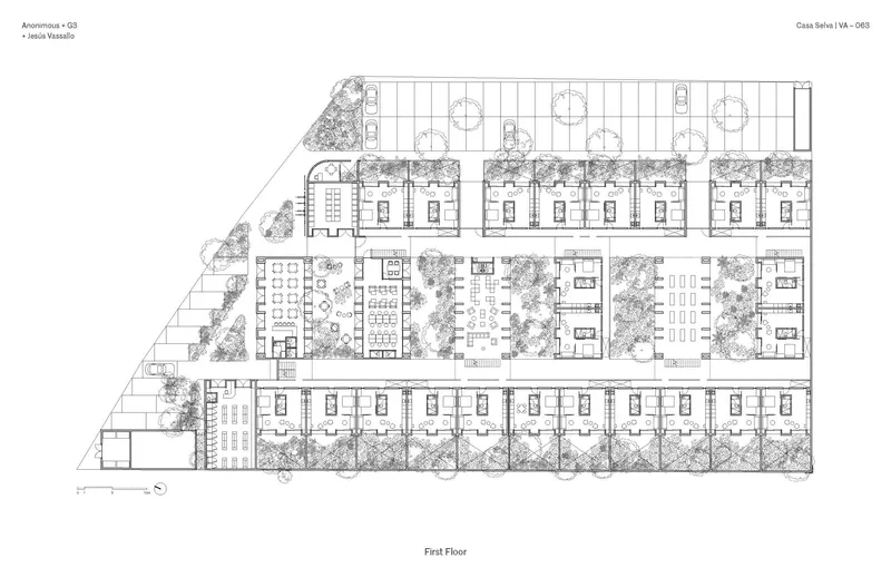 First floor plan showing residential units arranged along a linear bar with planted courtyards