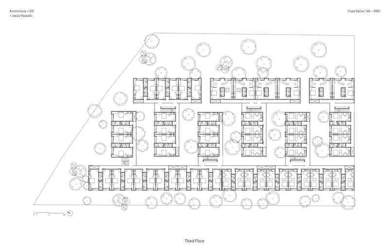 Third floor plan depicting residential modules organized around courtyard voids with scattered tree symbols