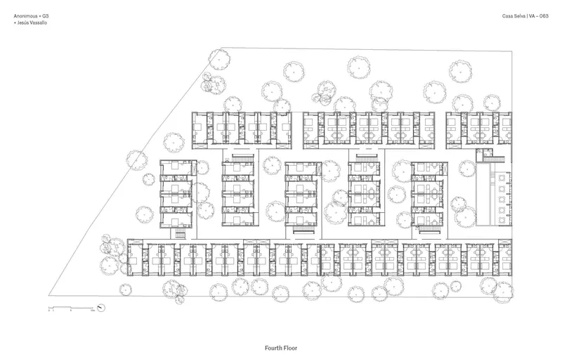 Fourth floor plan drawing showing repeated residential blocks arranged around a triangular landscaped courtyard with trees