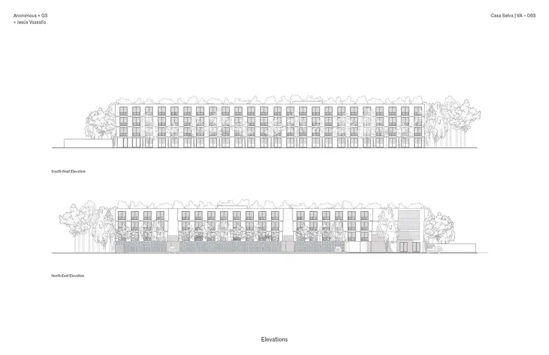 Elevation drawings of the south and north facades showing four-story residential blocks flanked by mature trees
