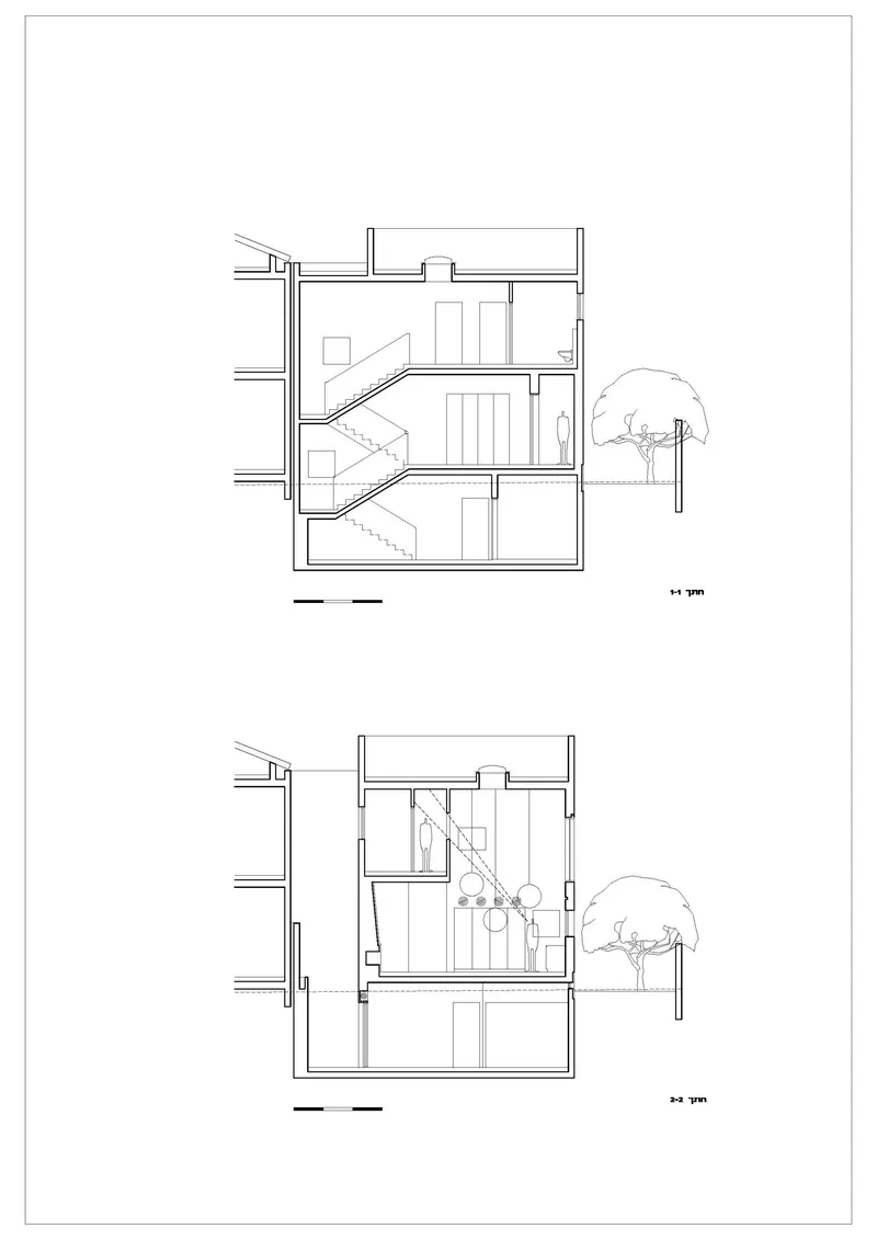 Two section drawings depicting staircase circulation across multiple floors with a tree alongside