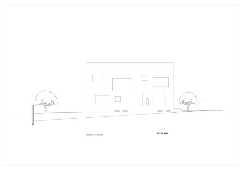 Elevation drawing showing facade with scattered window openings and two trees on grade