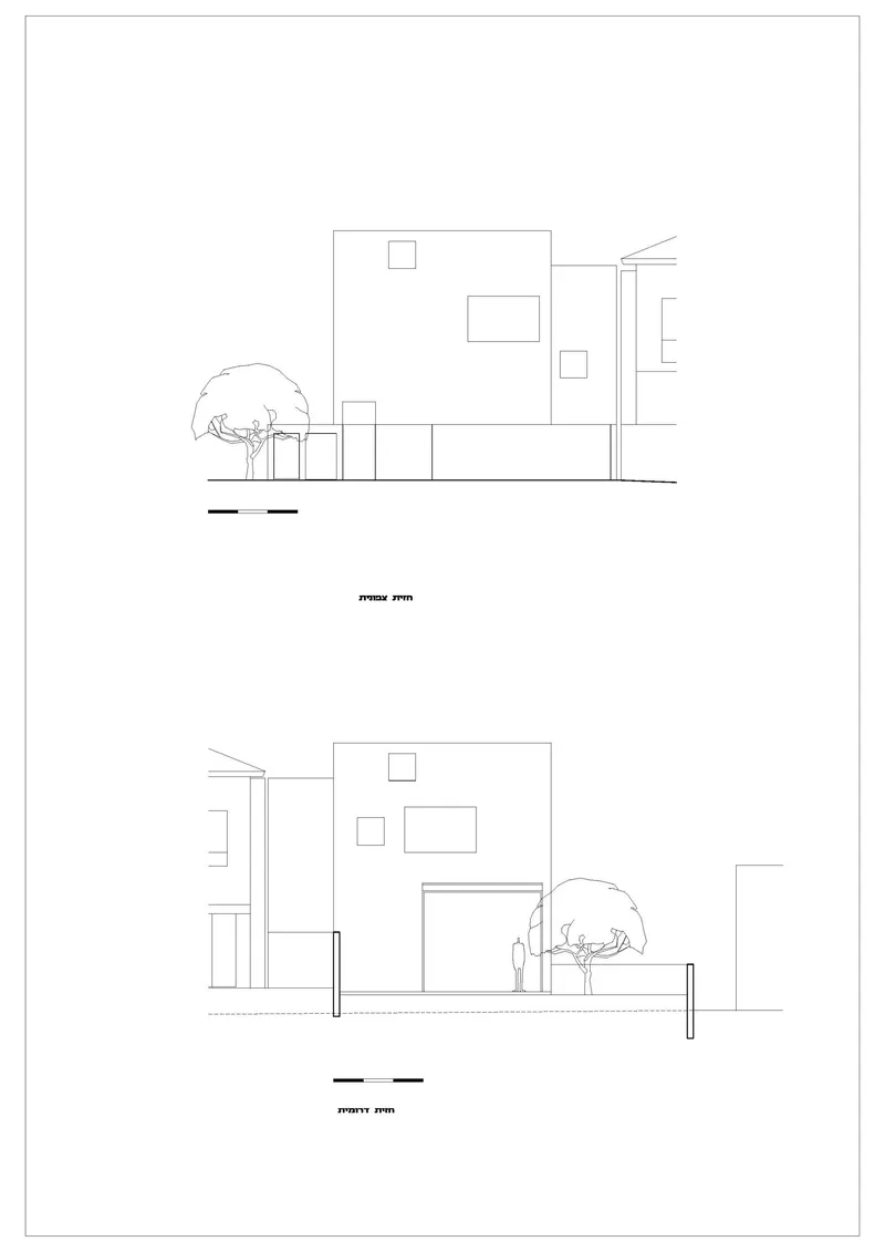 Two elevation drawings showing different facades with window openings and a single tree