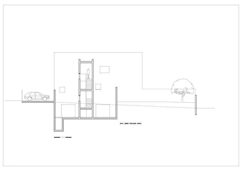 Section drawing showing a multi-level dwelling with central staircase and adjacent car and tree