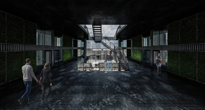 Interior circulation spaces combine industrial structure with ecological surfaces, creating immersive communal environments above the ocean.