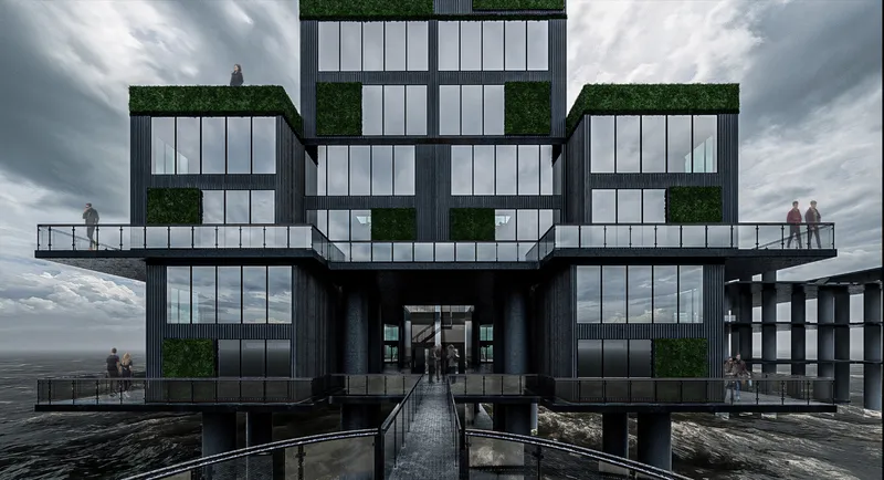 The floating residential platform merges panoramic ocean views, green façades, and modular architecture into a resilient marine habitat.