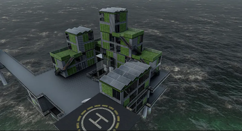 Solar-integrated modular units demonstrate sustainable offshore living through adaptive reuse architecture and renewable energy systems.