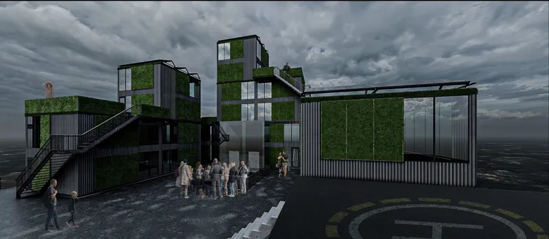 Elevated gathering spaces and green-clad structures redefine oil rig revitalization through sustainable floating architecture.
