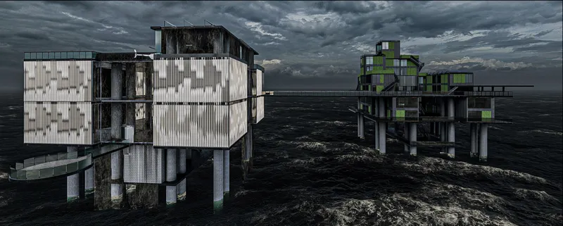 Floating adaptive reuse architecture transforms abandoned oil rigs into immersive cultural and residential spaces above the Adriatic Sea.