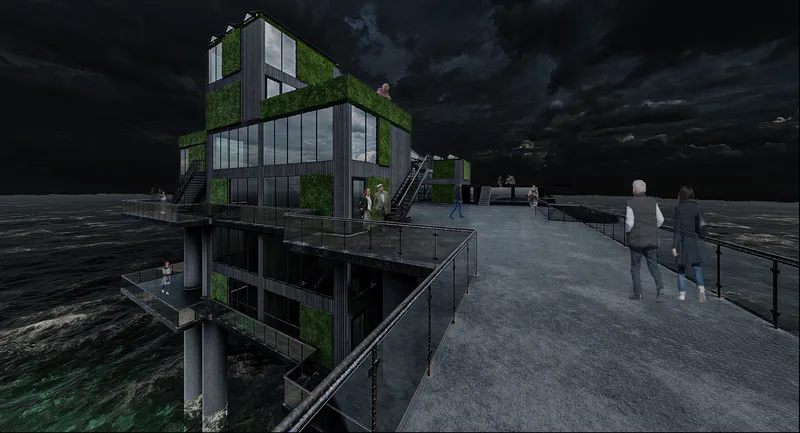 Modular offshore housing creates a sustainable living environment connected through elevated public walkways and observation decks.