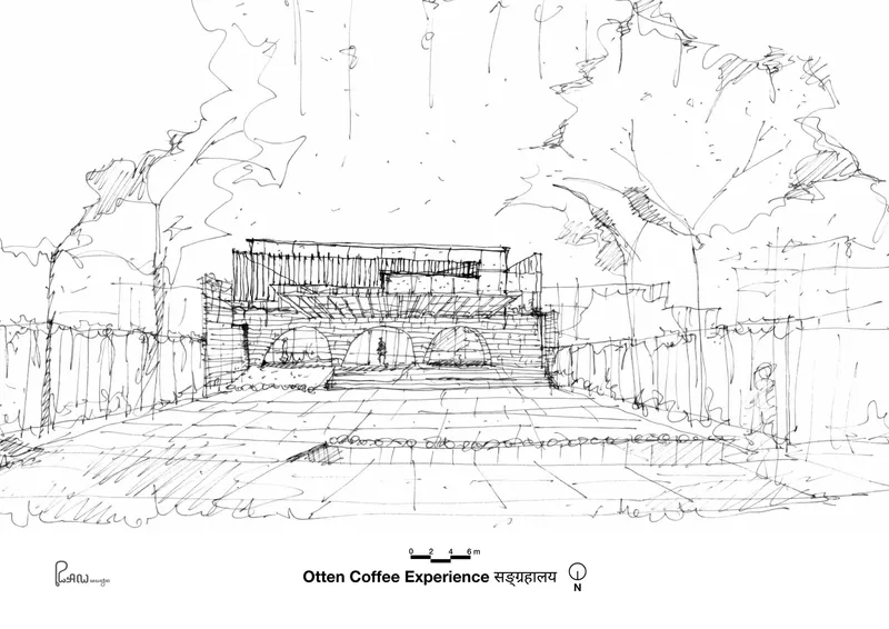 Perspective sketch showing entrance facade with arched openings and slatted canopy framed by trees and landscaping