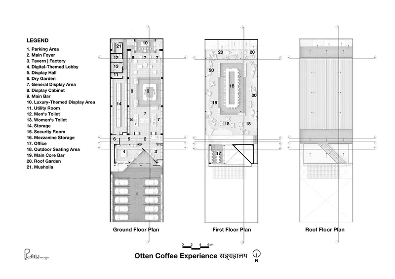 Floor plan drawings showing ground level, first floor, and roof layouts with numbered room legend