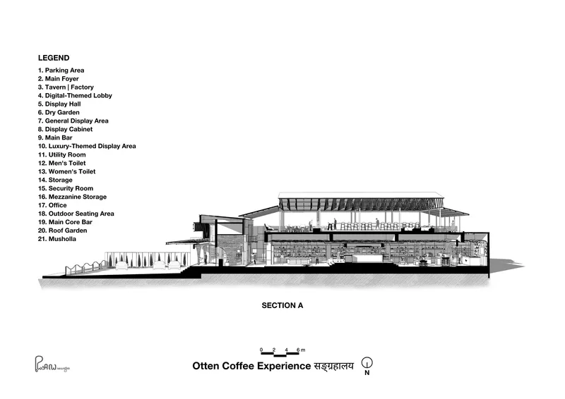 Section drawing revealing multi-level interior spaces beneath a raised slatted roof structure