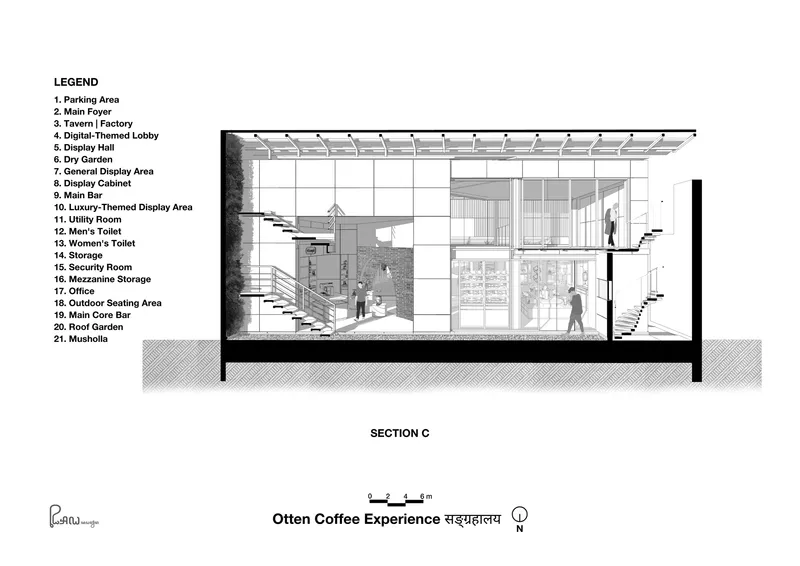 Section drawing revealing staircases on both sides and cantilevered roof pergola above the upper level