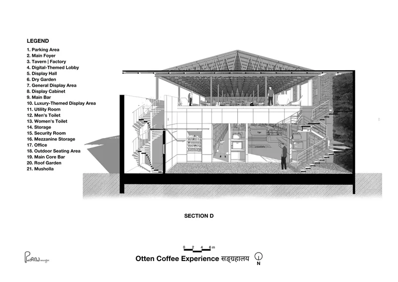 Section drawing with perspective view showing the exposed truss roof and terraced levels descending into the landscape