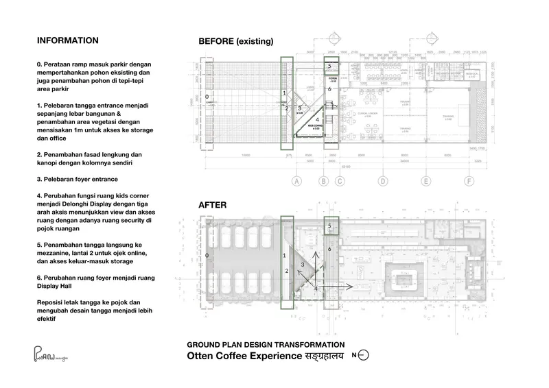 Ground floor plan drawing comparing existing layout with proposed transformation showing entry ramp and interior zones