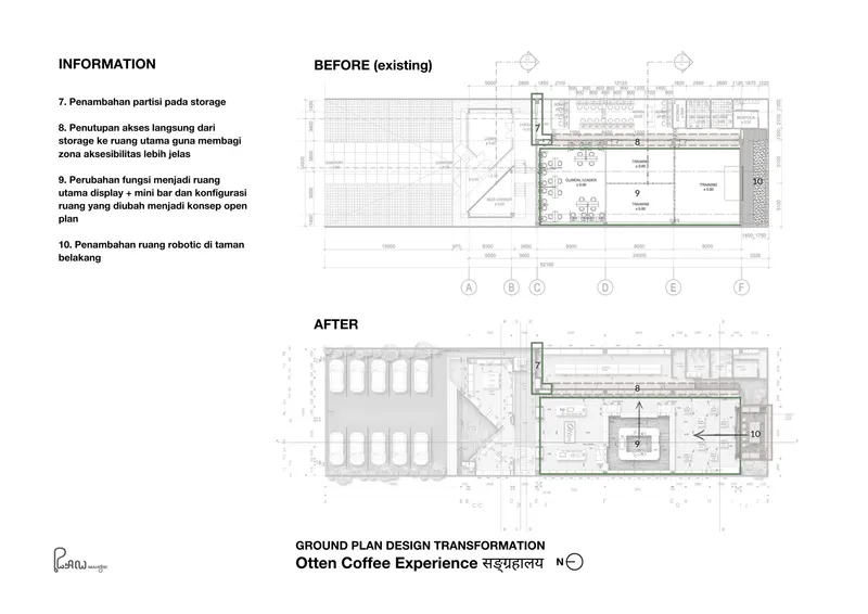 Ground floor plan drawing showing before and after configurations with parking area and interior spatial reorganization
