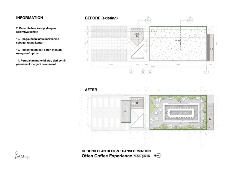 Ground plan drawing comparing existing conditions and proposed landscape transformation with rooftop pavilion