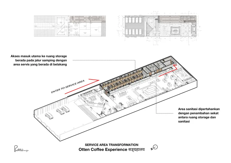 The image presents an axonometric diagram of the Otten Coffee Experience, focusing on the transformation of the service area. It highlights the main access to t
