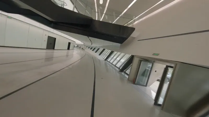 Curving white ramp with escalators and linear ceiling lights in an interior gallery space