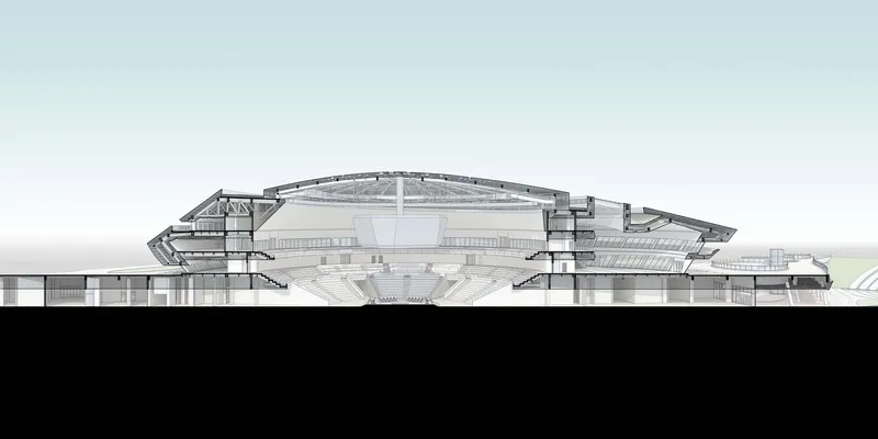 Section drawing revealing the stacked interior levels beneath the cantilevered roof canopy