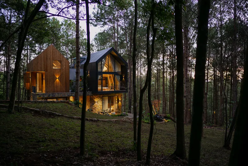 Evening view of the illuminated timber and stone volumes nestled among eucalyptus trees on sloped terrain