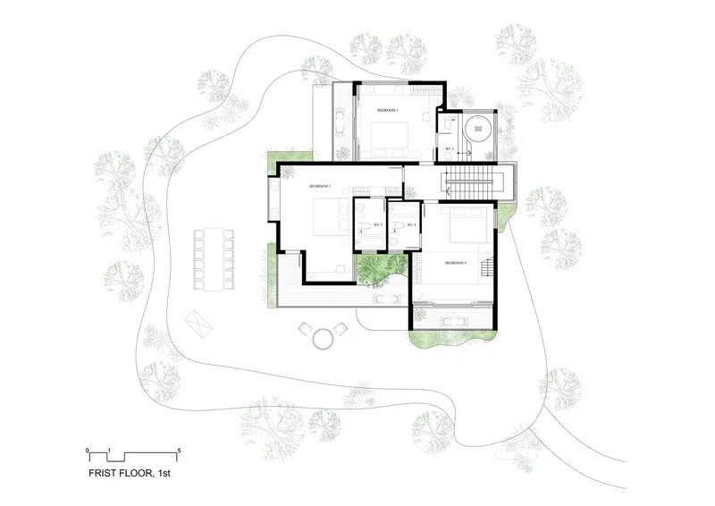 First floor plan drawing showing bedroom wing with bathrooms and circulation core