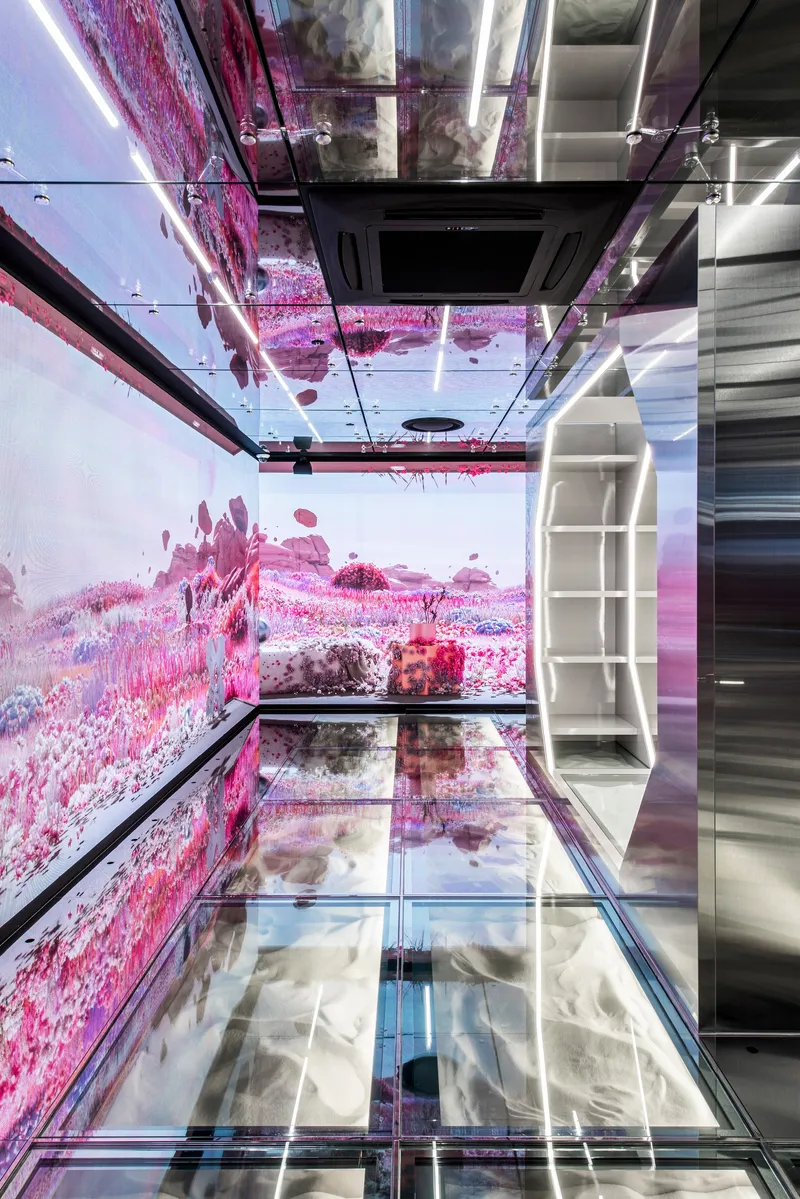 Glass floor revealing pink floral imagery projected on walls and ceiling of the gallery below