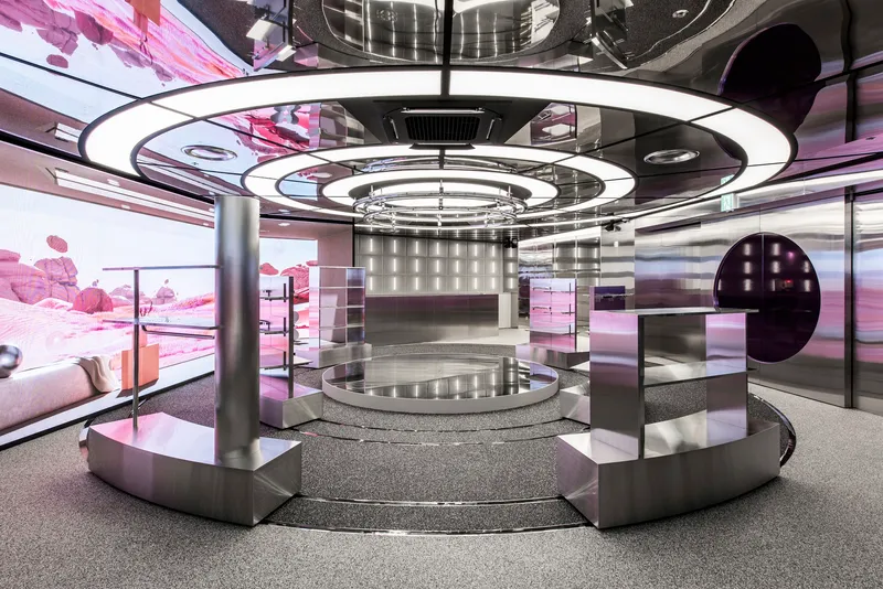 Central stepped platform with steel columns and ring lighting beneath pink projected landscape on wraparound screens