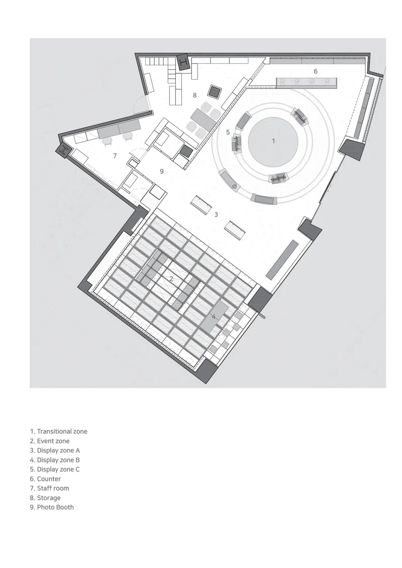 Floor plan drawing showing irregular perimeter with circular counter zone and grid of display tables