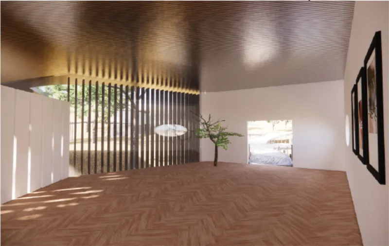 Warm exhibition space combining timber textures with filtered daylight and organic spatial design.