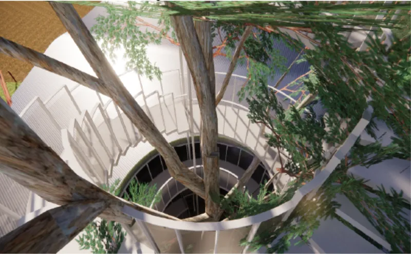 The Tree of Life installation creates a vertical connection between architecture and the eucalyptus canopy.