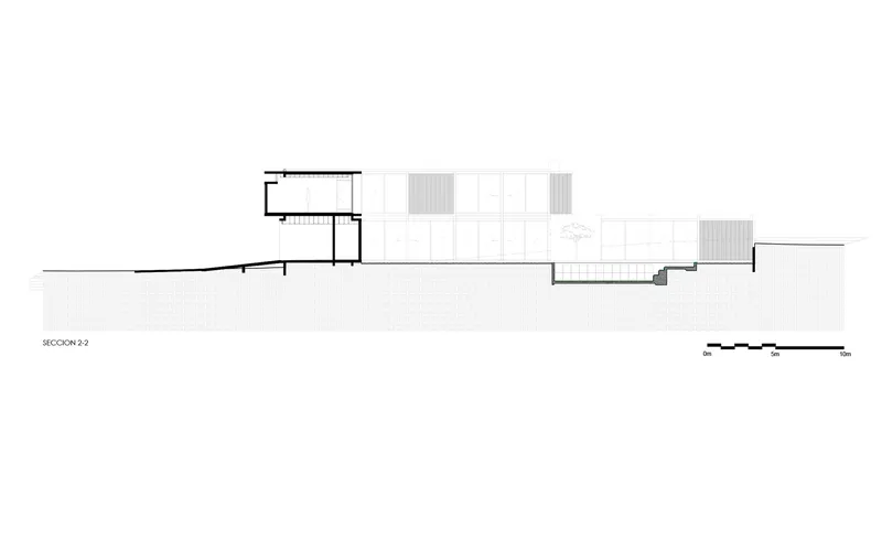 Section drawing revealing staggered floor plates and facades responding to sloping terrain