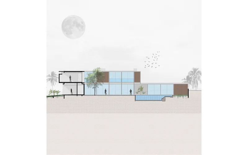 Section drawing showing glazed volumes with rooftop trees, palms, and a full moon overhead