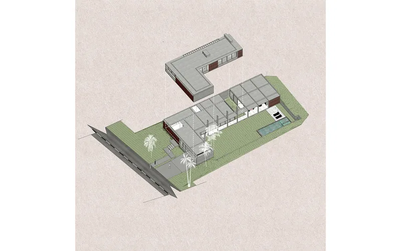 Axonometric drawing showing L-shaped volumes with green lawn, palms, and an adjacent road
