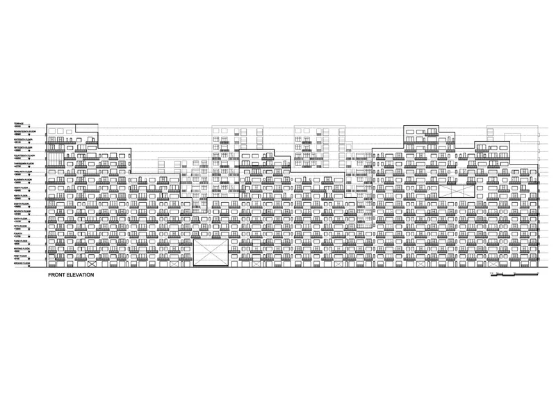 Front elevation drawing showing a stepped facade with repetitive balcony modules and a central recessed glazed entry bay