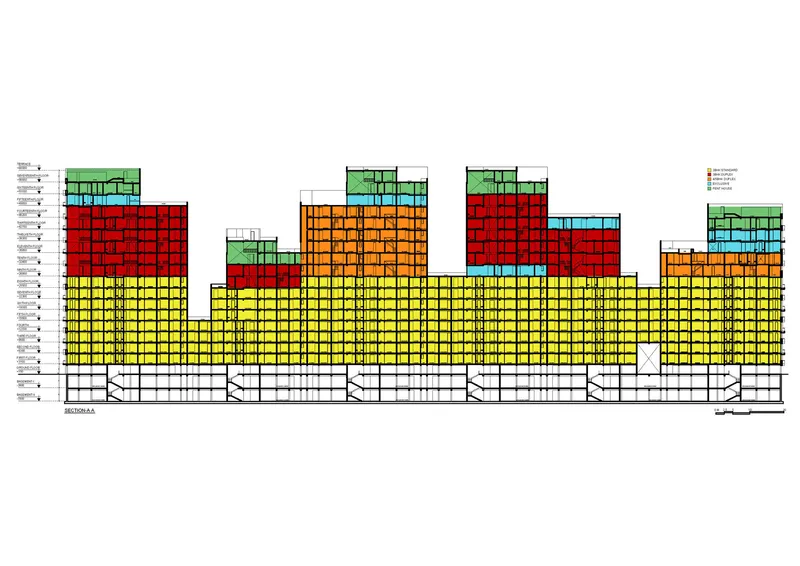 Section drawing with color-coded program zones showing stepped towers rising above a yellow base podium with underground parking