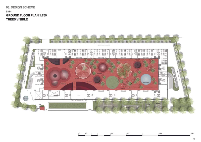 Ground floor plan drawing showing central courtyard with planted circles surrounded by residential units and perimeter landscaping