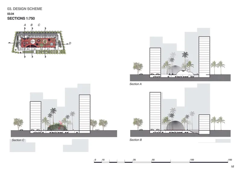 Section drawings showing relationship between courtyard and flanking residential towers with palm trees