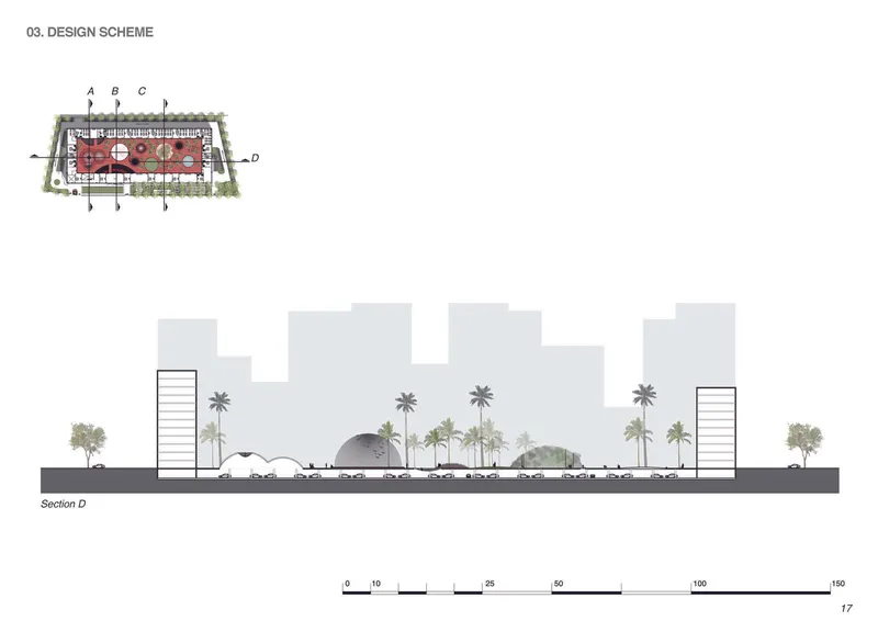 Section drawing showing longitudinal view through courtyard with dome structure flanked by towers and palm trees