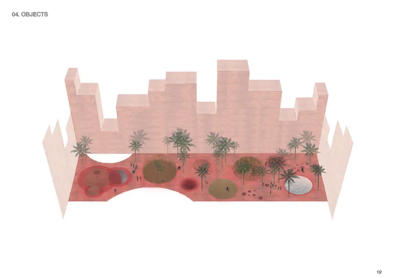 Axonometric view of the courtyard with circular planted mounds and palm trees between surrounding residential blocks