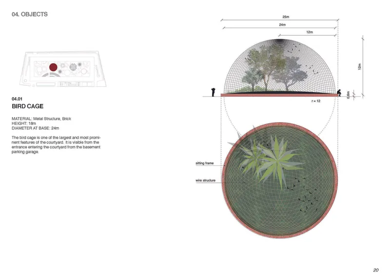 Technical drawing of wire mesh bird cage structure with dimensions and plan showing interior palm tree