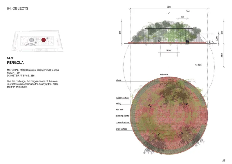 Plan and section drawings showing a circular structure with planted canopy and labeled material layers