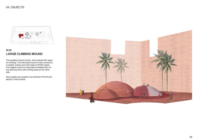 Three rope-covered climbing mounds in a courtyard framed by pink walls and palm trees