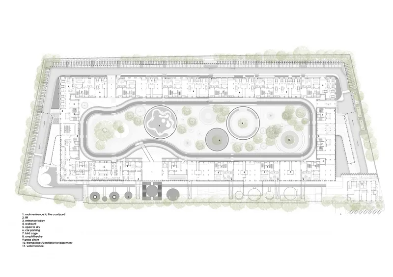 Site plan drawing showing residential wings framing a central courtyard with curving pathways and circular water features