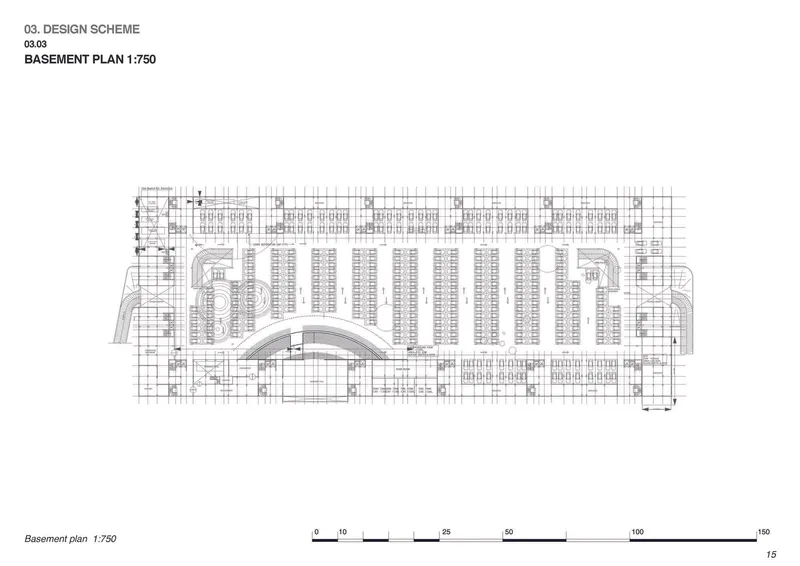 Basement plan drawing at 1:750 scale revealing parking rows and a curved entrance below the residential block