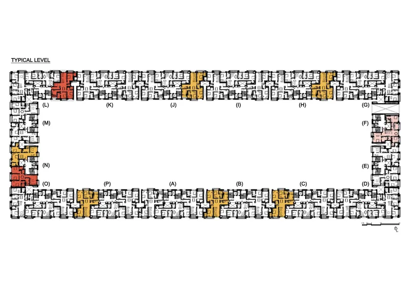 Typical level floor plan showing residential units arranged around a hollow rectangular courtyard with color-coded circulation cores